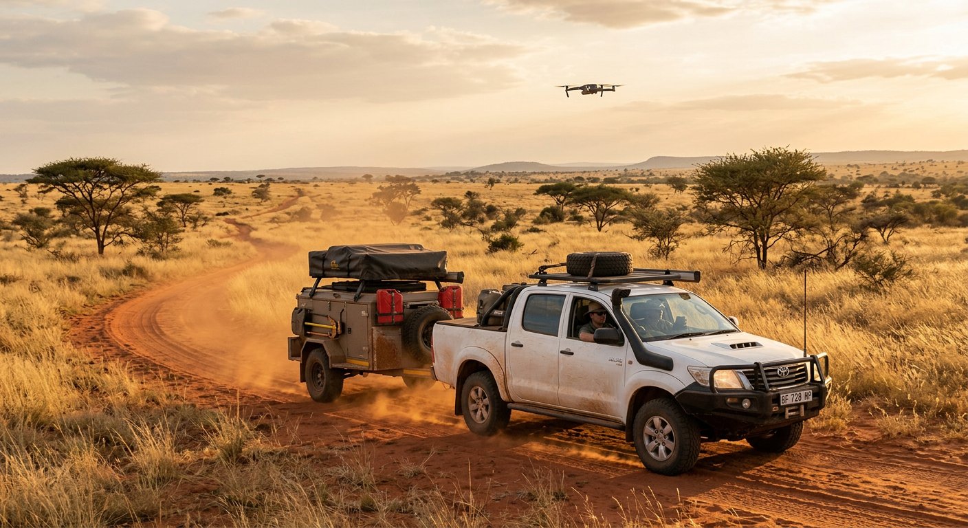 Africa Drone Solutions overland division — off-road camping trailer on a bushveld track with a drone overhead