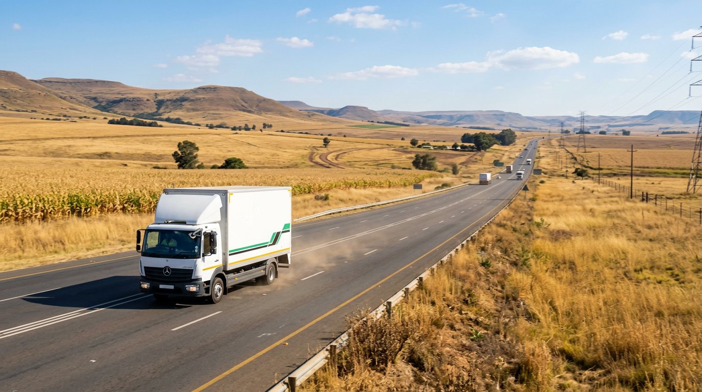 Courier freight truck carrying Africa Drone Solutions orders across the highveld