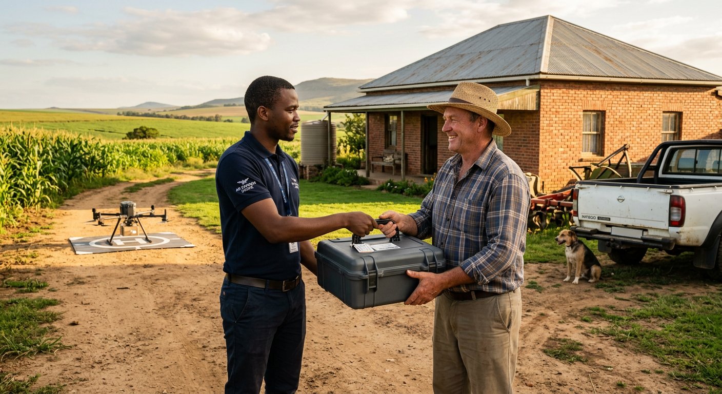 Courier handing a drone transport case to a farmer at a South African farm gate