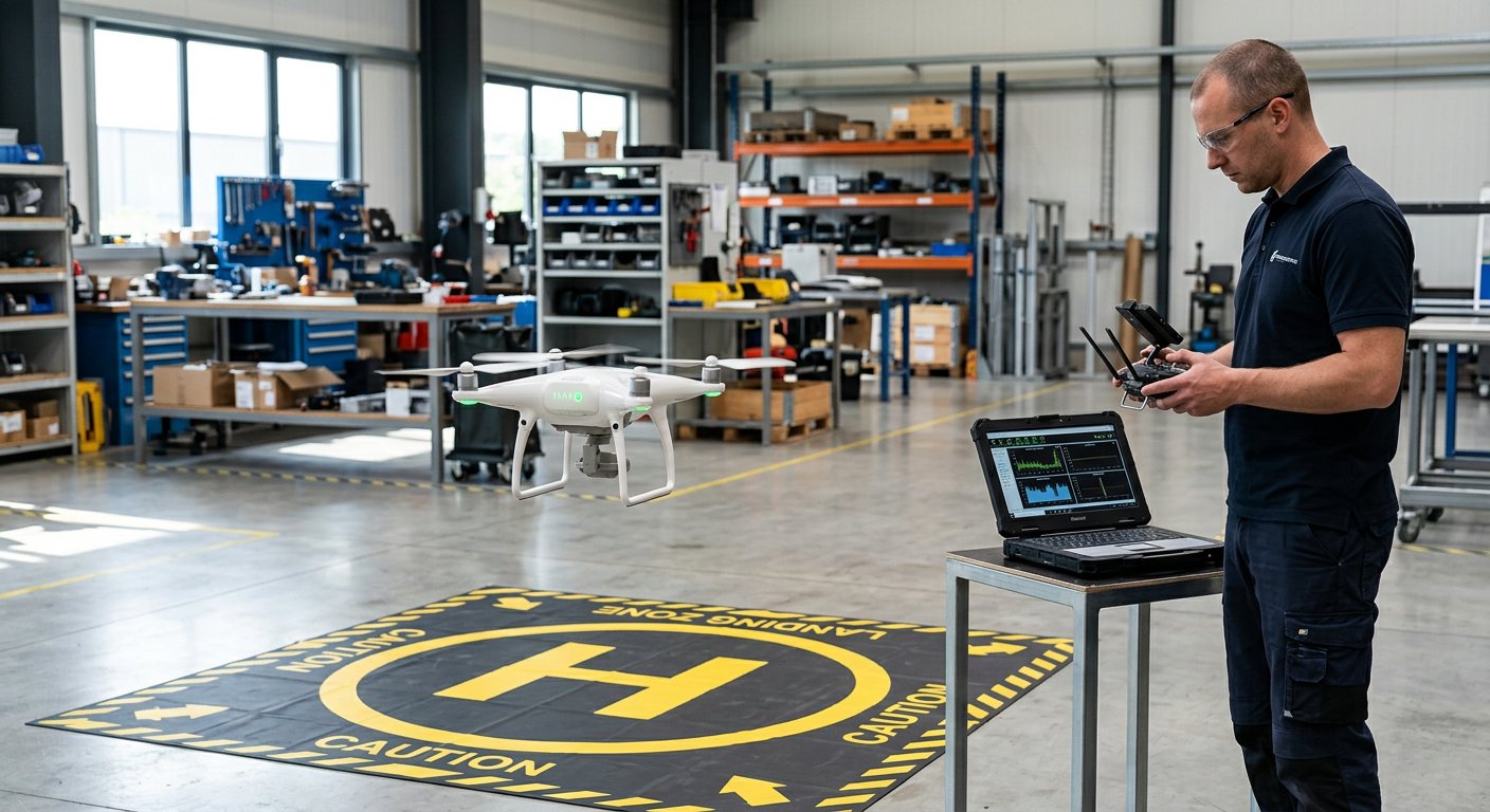 Drone hovering on the indoor flight-test pad while a technician monitors telemetry