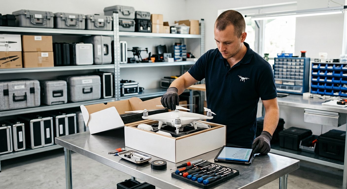 Technician inspecting a newly arrived drone at the workbench with a tablet checklist